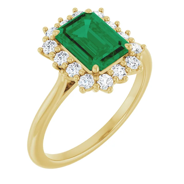 Divine Aura — Emerald Halo Ring | 14K Yellow Gold, Gemstone Rings