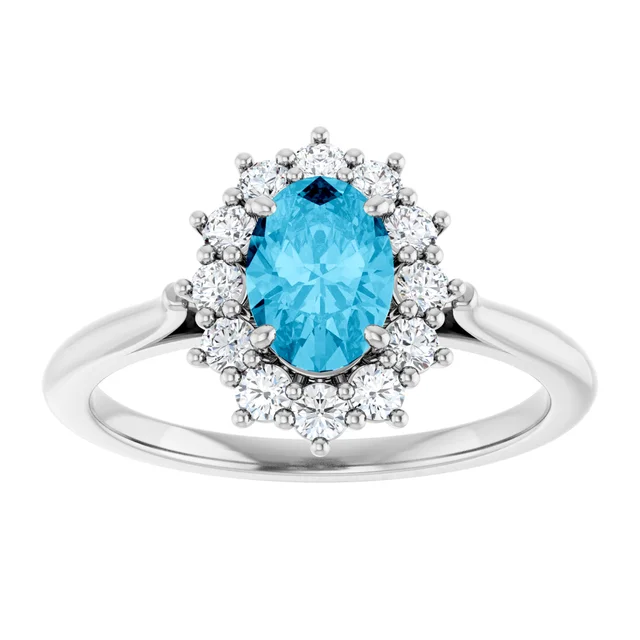 Divine Aura — Aquamarine Halo Ring | 14K White Gold, Gemstone Rings