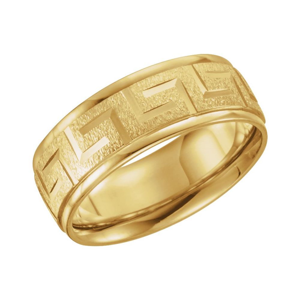 14K yellow gold Greek key engraved wedding band angled view