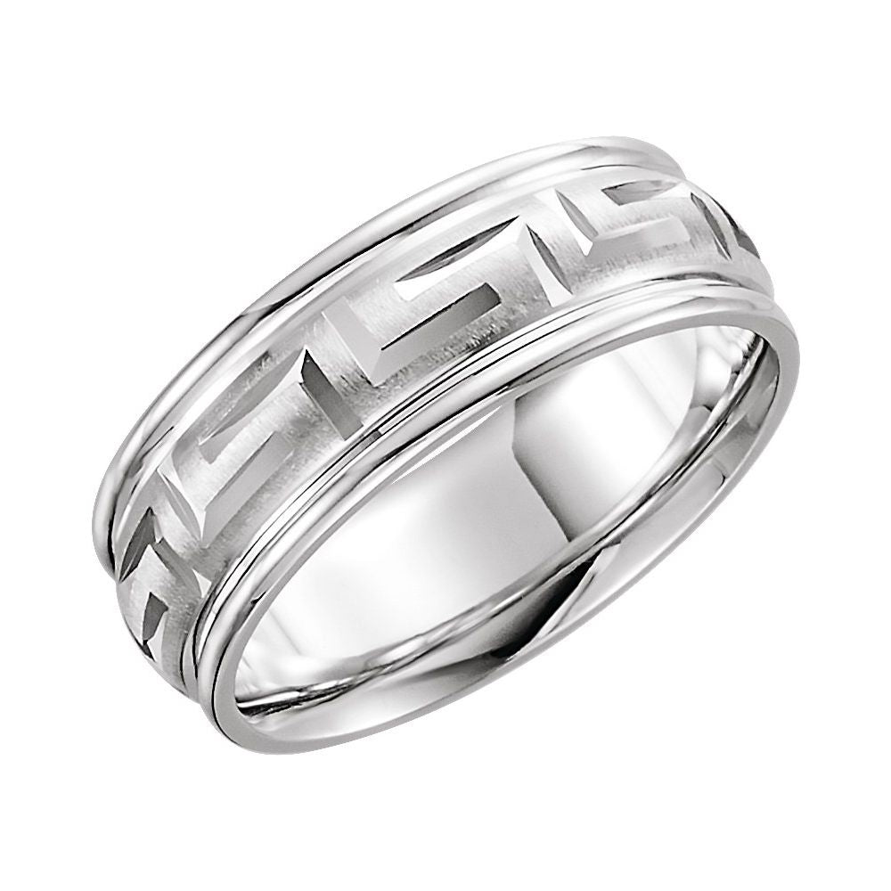 Greek key comfort-fit wedding band in 14K white gold front view