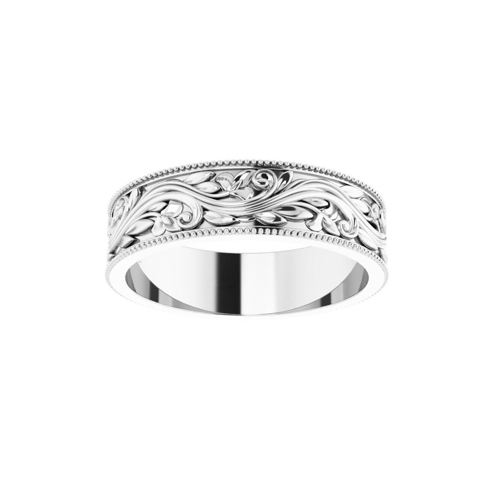 14K White Gold 6 mm Milgrain Edge Floral Wedding Band product view 3