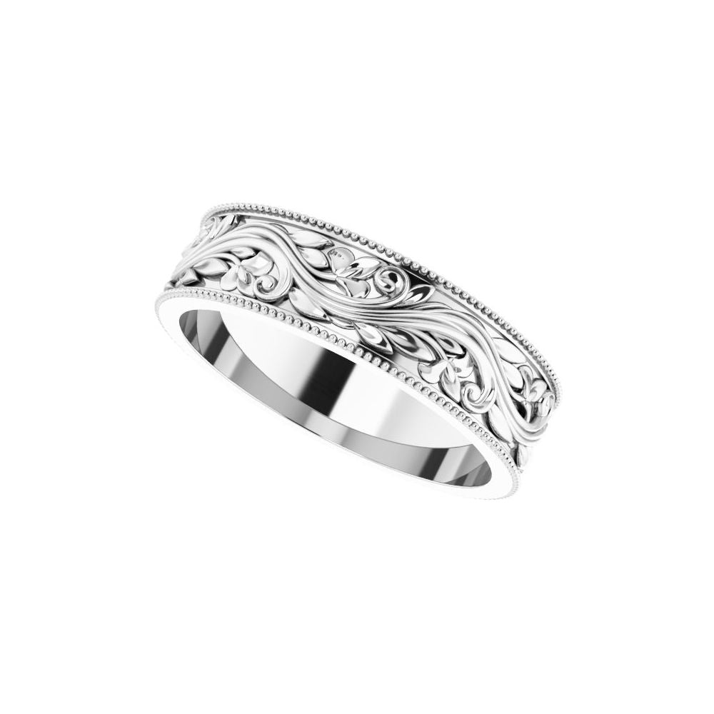 14K White Gold 6 mm Milgrain Edge Floral Wedding Band product view 5