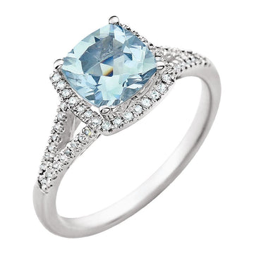 Divine Aura cushion aquamarine and natural diamond halo ring in 14K white gold