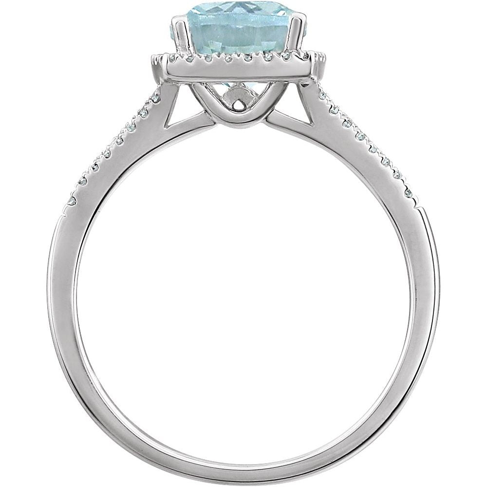 Divine Aura cushion aquamarine and natural diamond halo ring in 14K white gold