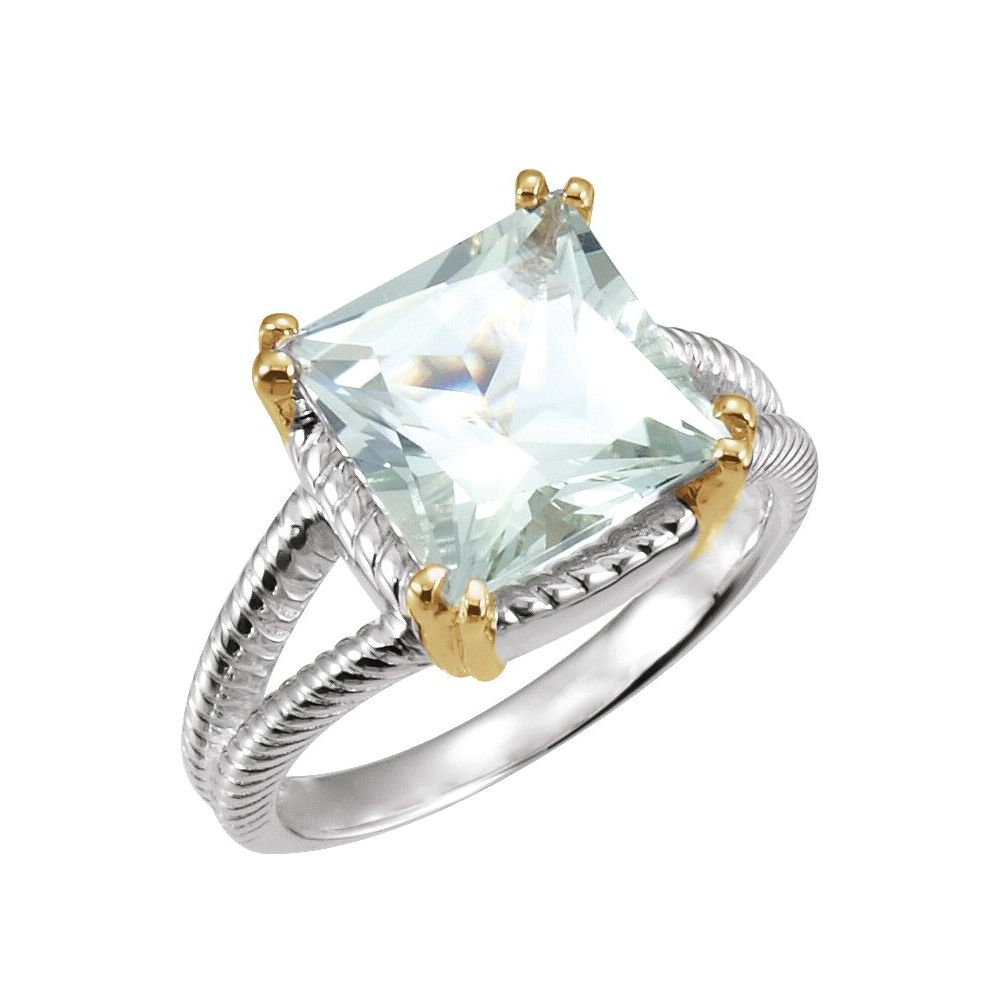 Divine Aura cushion natural quartz ring in sterling silver and 14K yellow gold