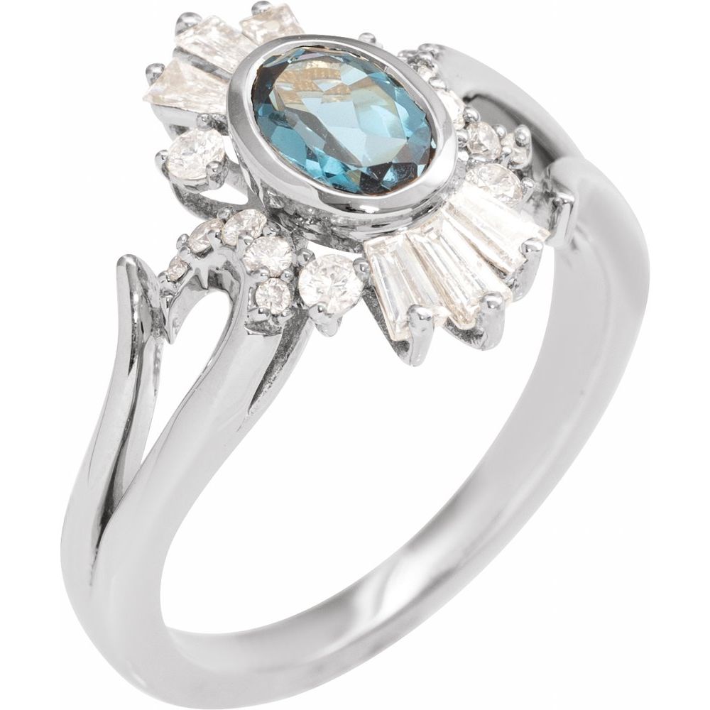 14K white gold oval London blue topaz and natural diamond halo ring