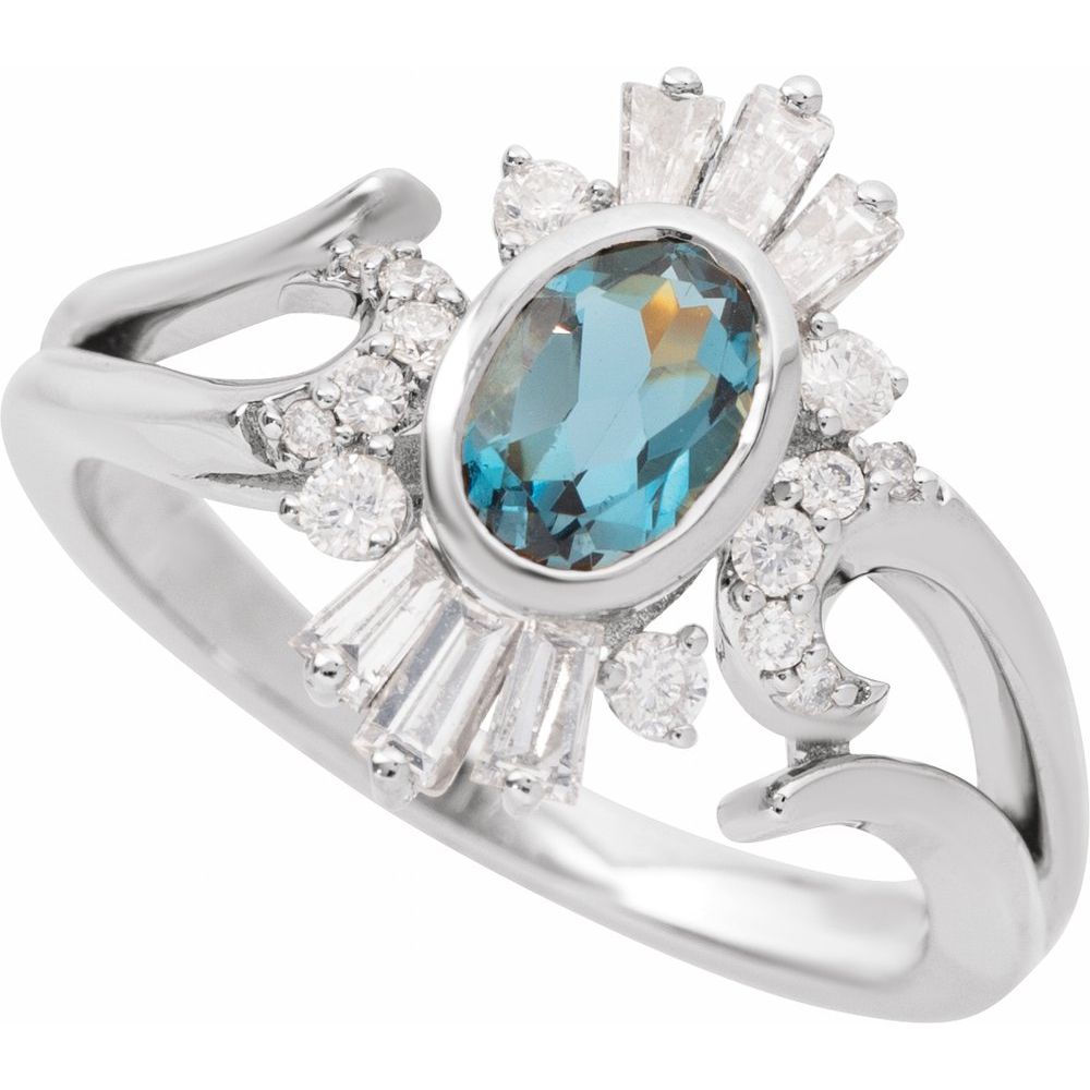 14K white gold oval London blue topaz and natural diamond halo ring