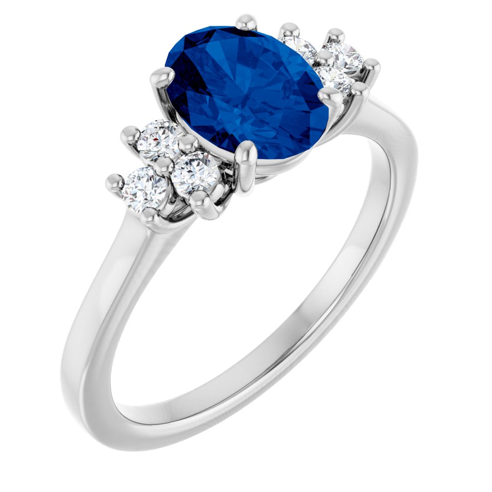 14K white gold oval lab-grown blue sapphire and lab-grown diamond ring