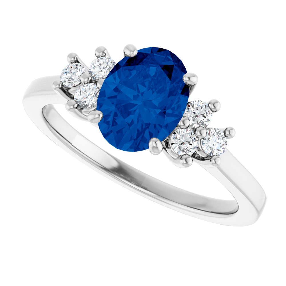 14K white gold oval lab-grown blue sapphire and lab-grown diamond ring