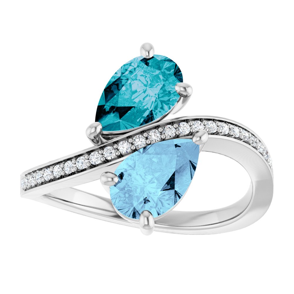 Aquamarine and London blue topaz pear bypass ring in 14K white gold