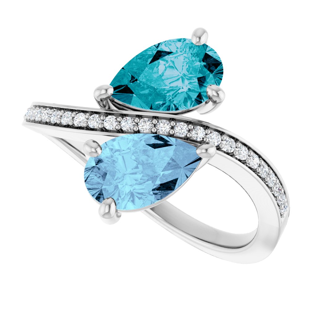 Aquamarine and London blue topaz pear bypass ring in 14K white gold