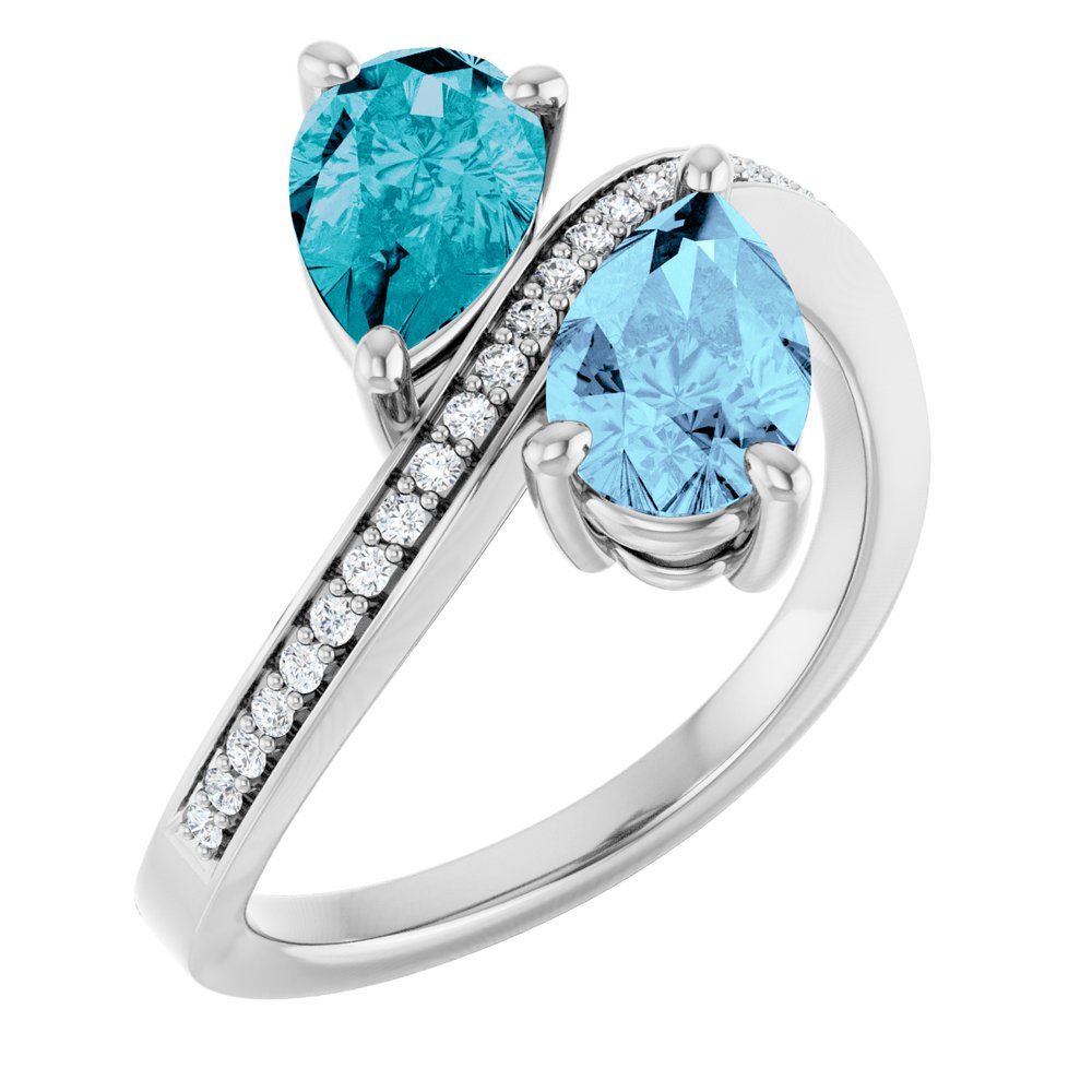 Aquamarine and London blue topaz pear bypass ring in 14K white gold