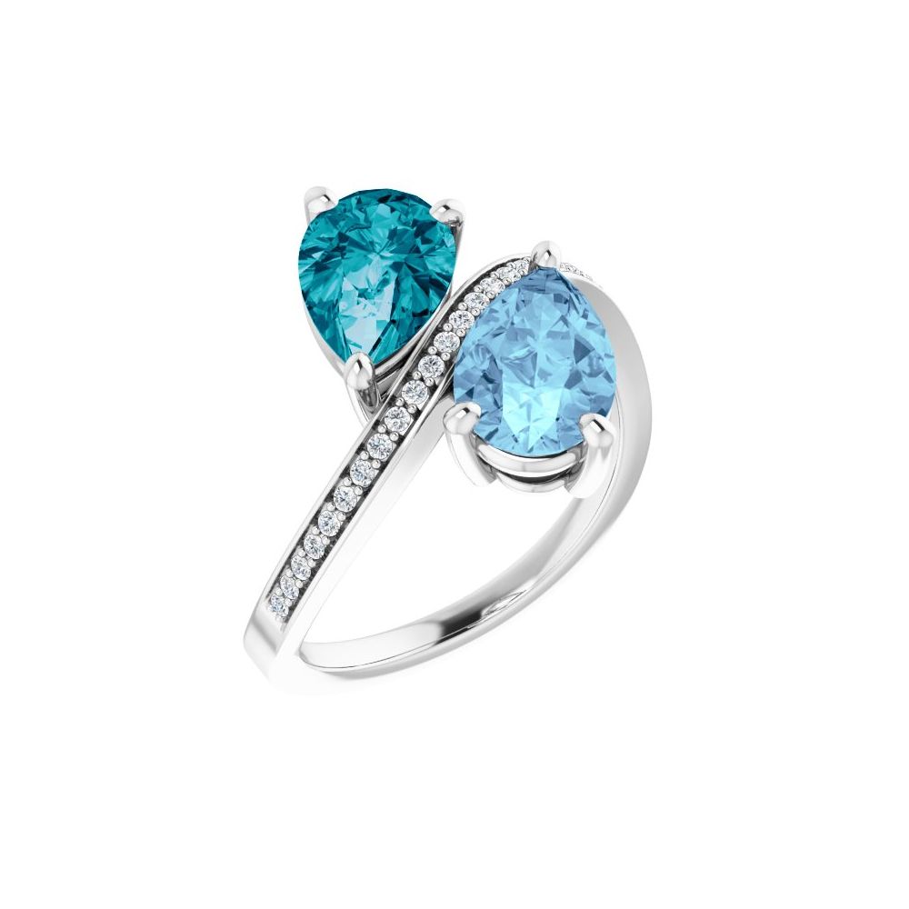 Aquamarine and London blue topaz pear bypass ring in 14K white gold