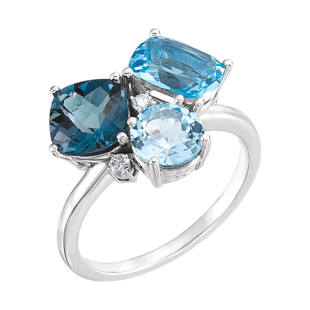 Triple blue topaz and natural diamond cluster ring in 14K white gold