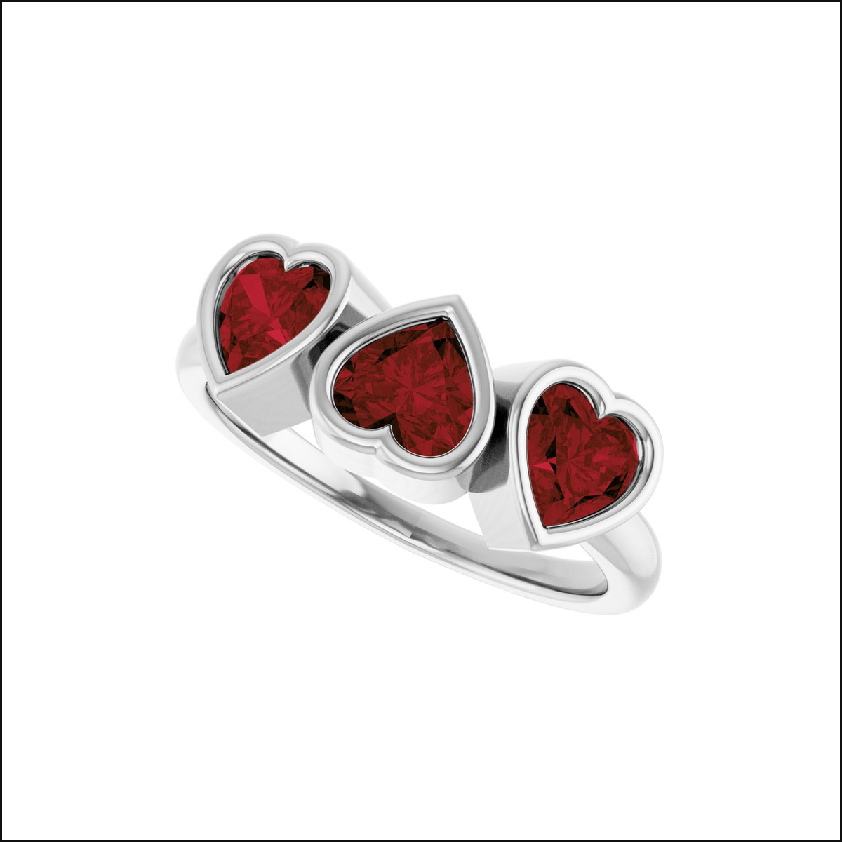 Lorelaii three-heart white gold ring, clean white image background and thin black border, view 4