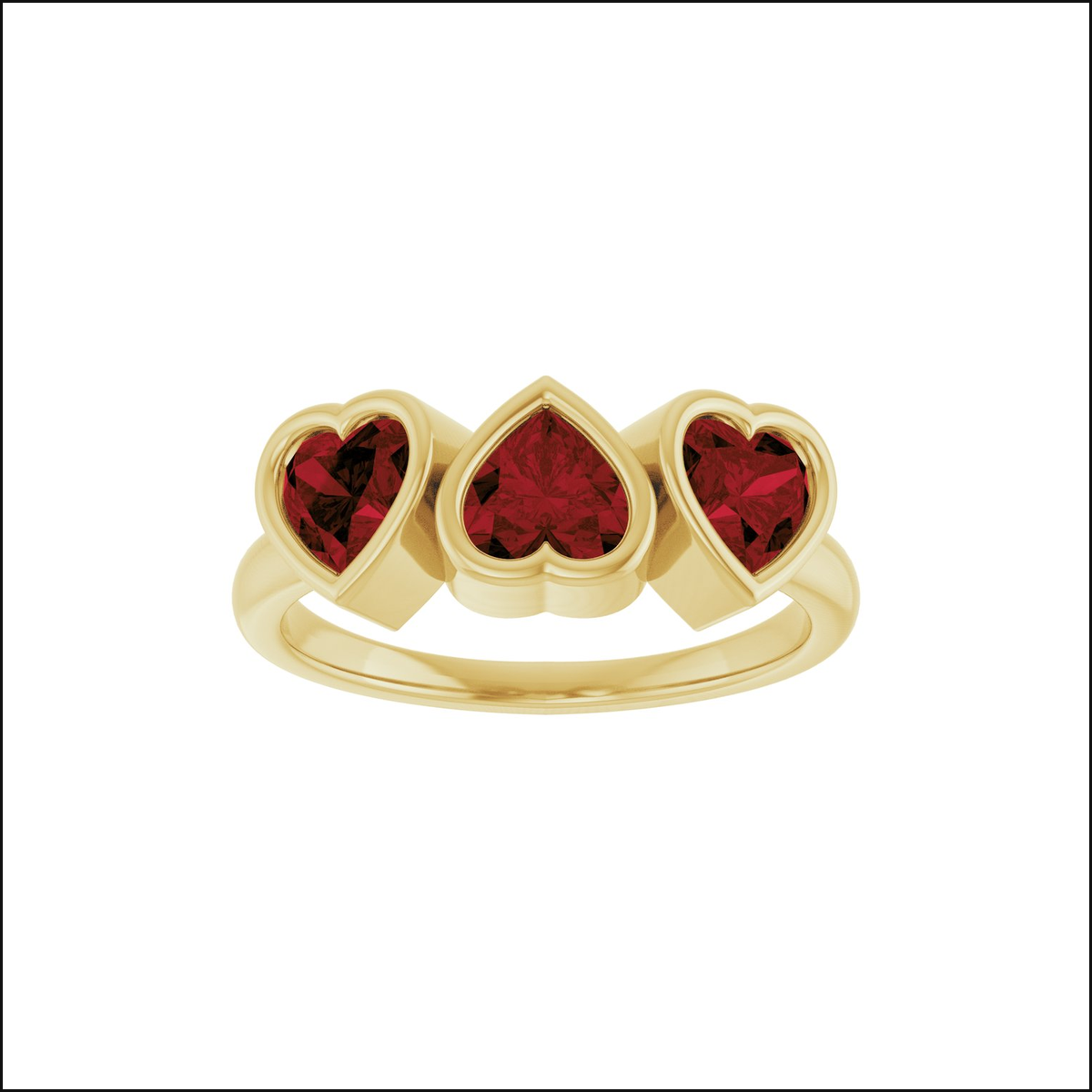 Lorelaii three-heart yellow gold ring, clean white image background and thin black border, view 2