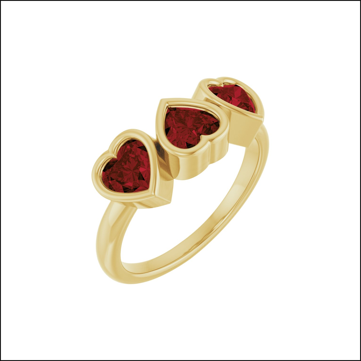 Lorelaii three-heart yellow gold ring, clean white image background and thin black border, view 1