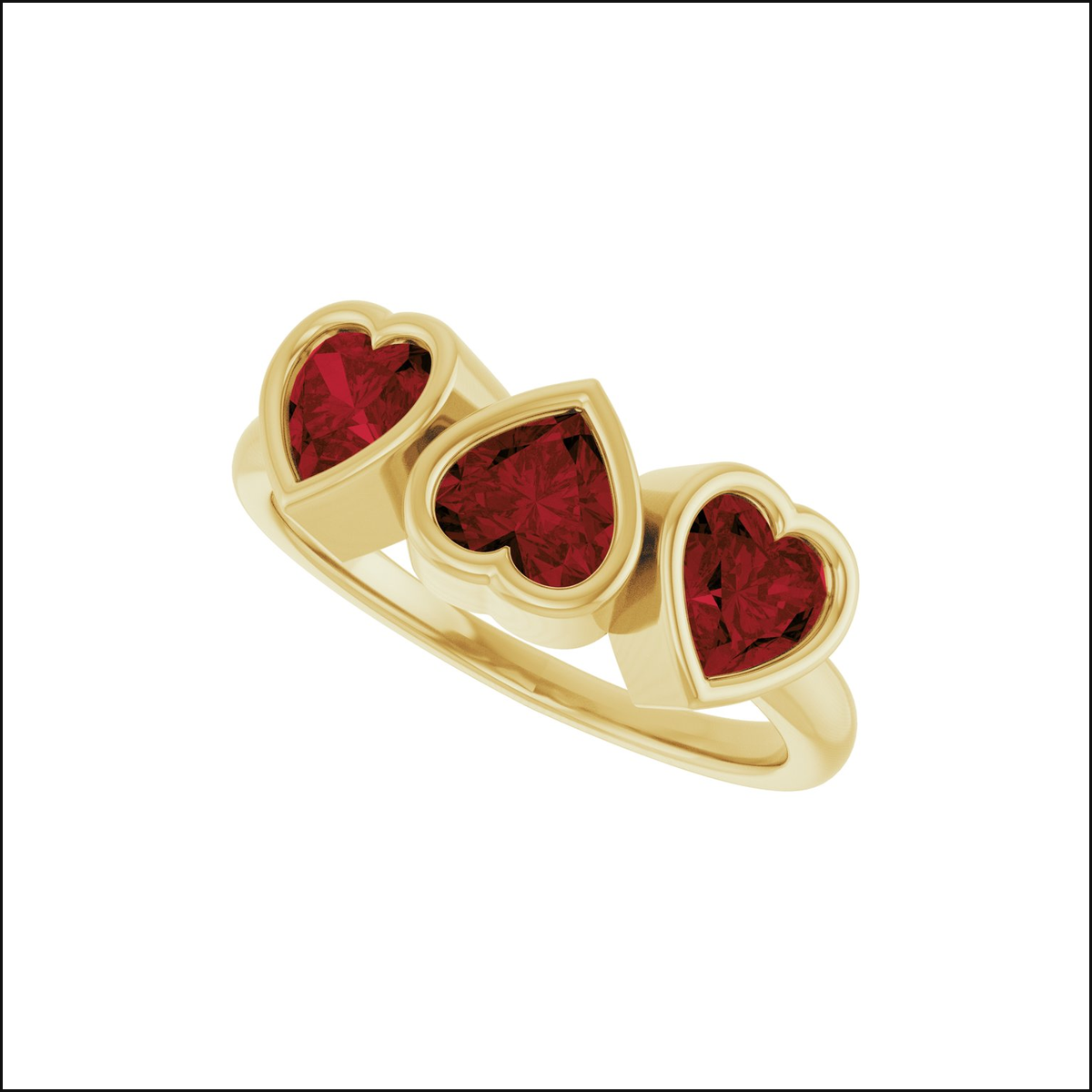 Lorelaii three-heart yellow gold ring, clean white image background and thin black border, view 4