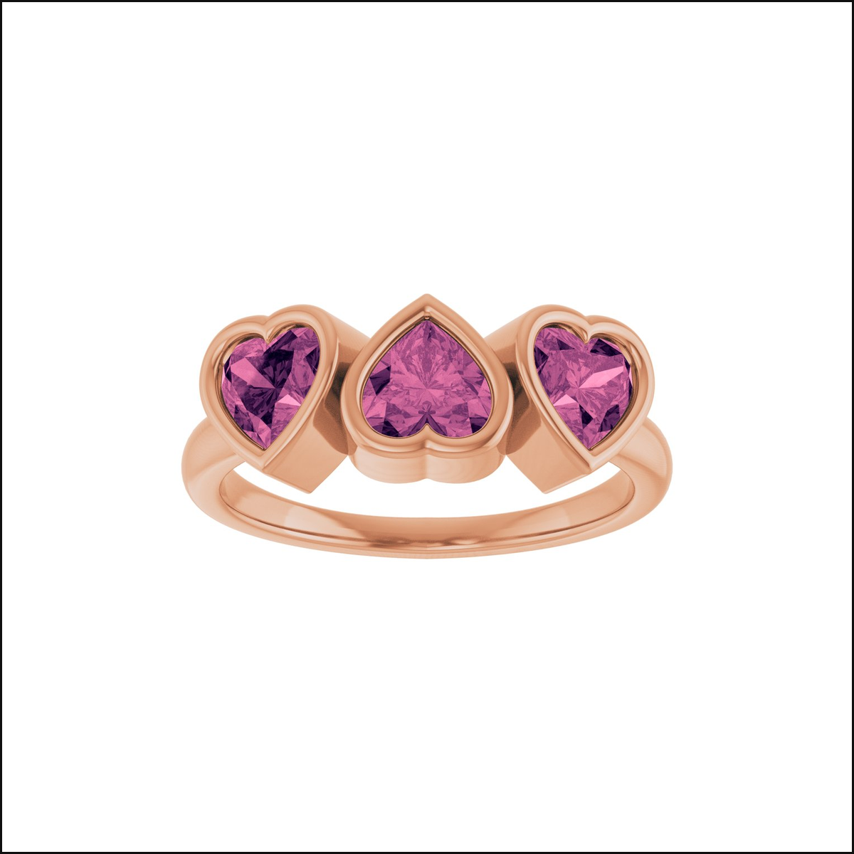 Lorelaii three-heart rose gold ring, clean white image background and thin black border, view 2