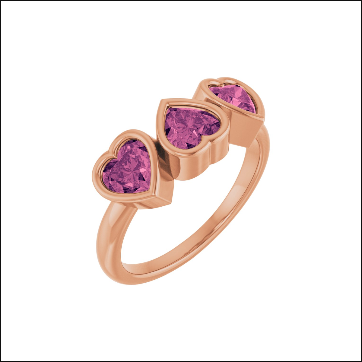 Lorelaii three-heart rose gold ring, clean white image background and thin black border, view 1