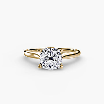 Completed Ring (United States Size 3.25) — yellow gold, shown with cushion-shape center stone, angled view