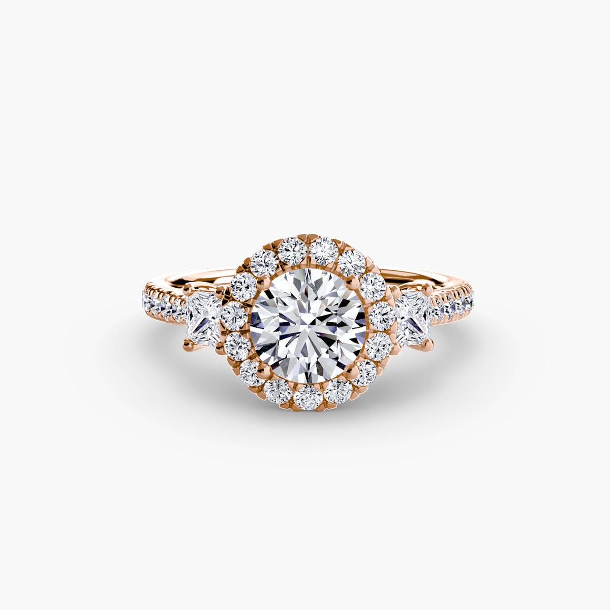 The Amélie Three-Stone Ring with Halo Setting