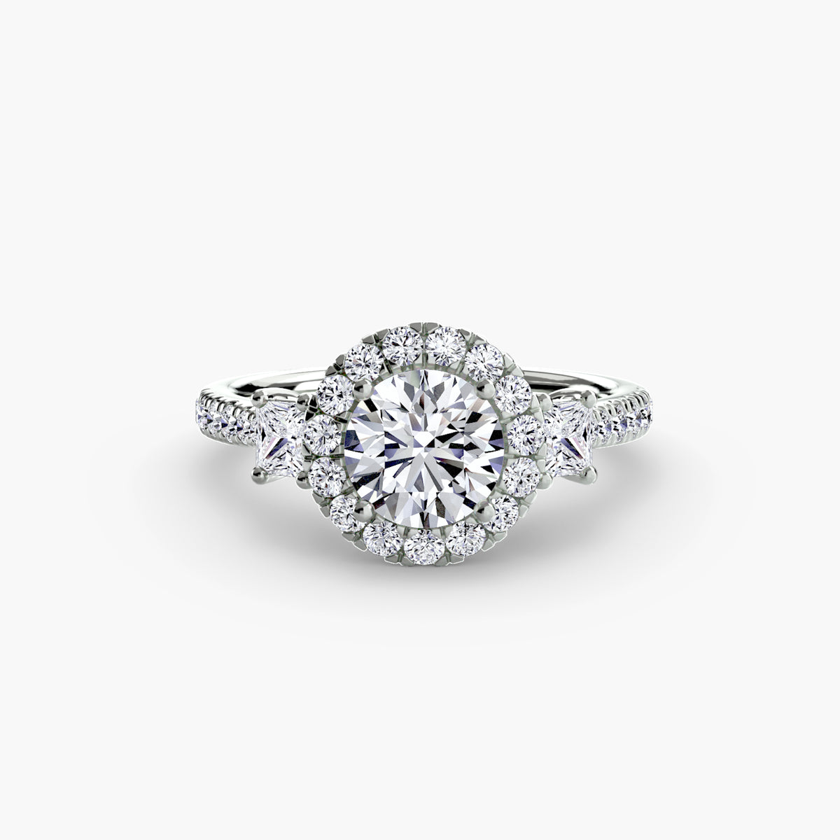 The Amélie Three-Stone Ring with Halo Setting