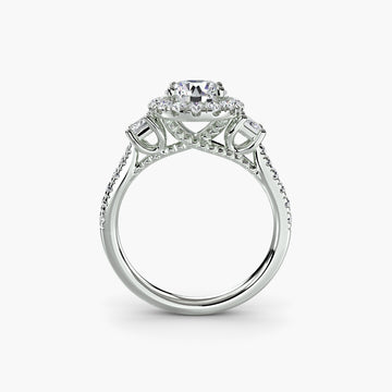 The Amélie Three-Stone Ring with Halo Setting