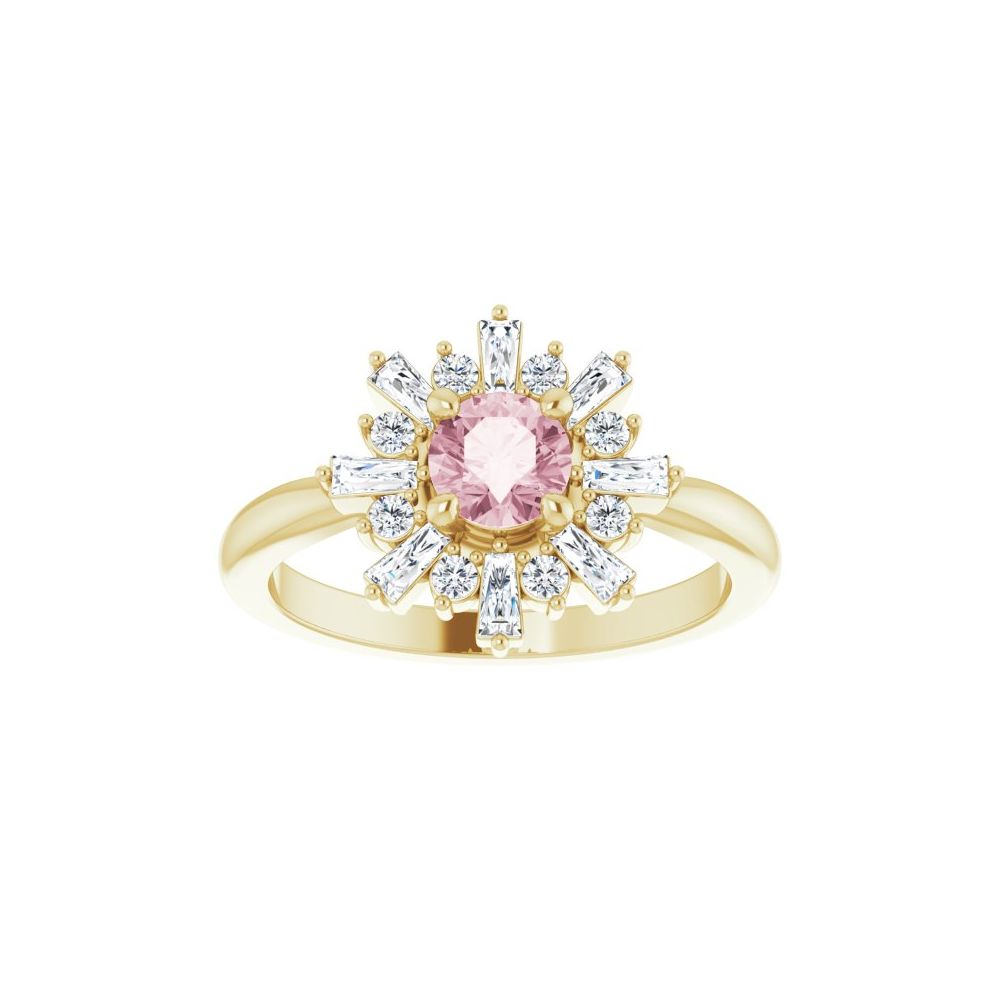 14K yellow gold pink morganite diamond starburst ring, front view