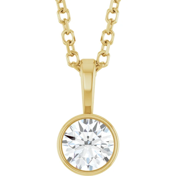 14K yellow gold bezel-set round lab-grown diamond solitaire necklace on an adjustable cable chain