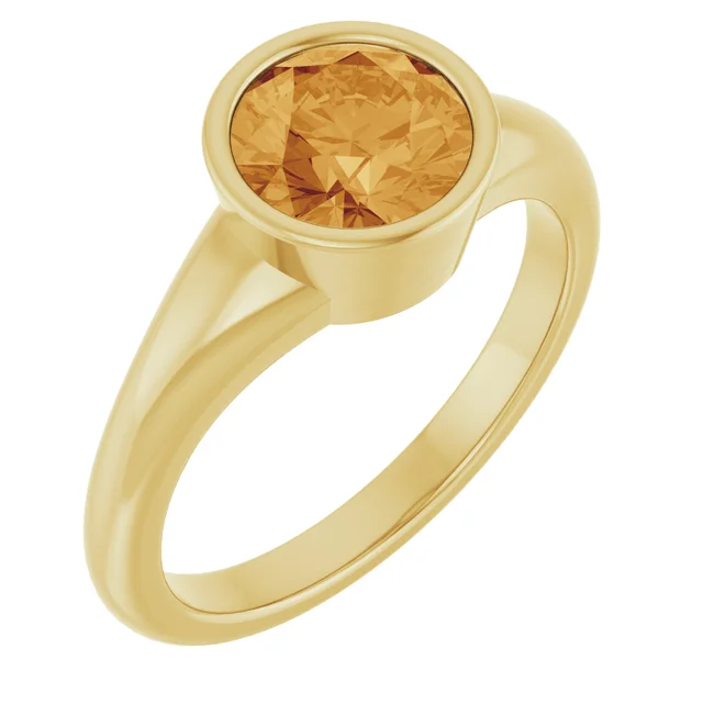 7 mm round natural citrine solitaire in polished 14K yellow gold bezel ring