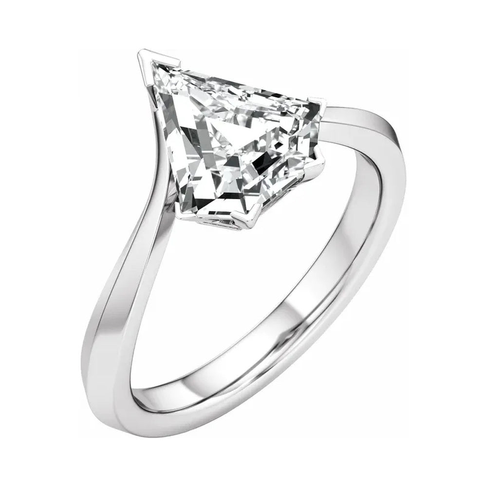 Stuller 14K white gold shield-cut lab-grown diamond engagement ring, angle view, centered studio photography