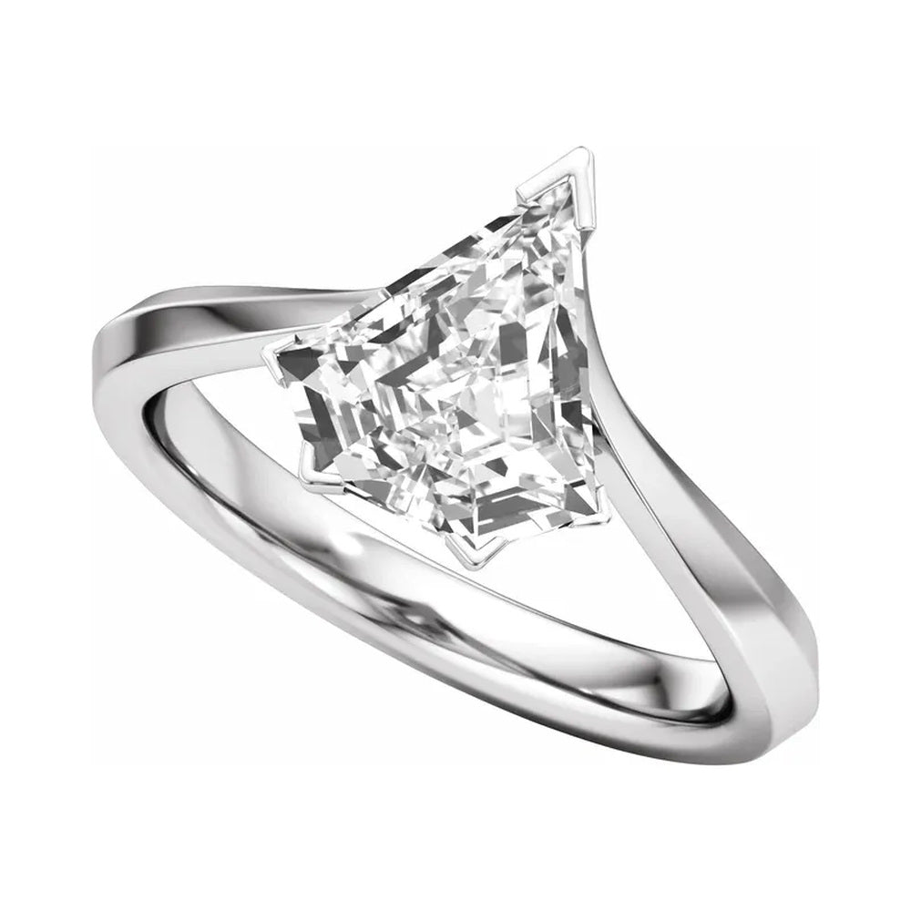 Stuller 14K white gold shield-cut lab-grown diamond engagement ring, three quarter view, centered studio photography