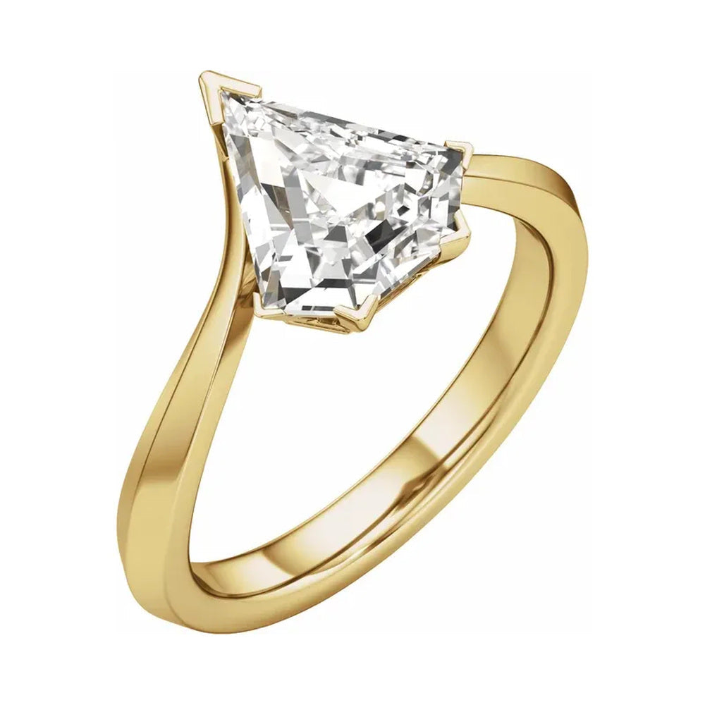 Stuller 14K yellow gold shield-cut lab-grown diamond engagement ring, angle view, centered studio photography