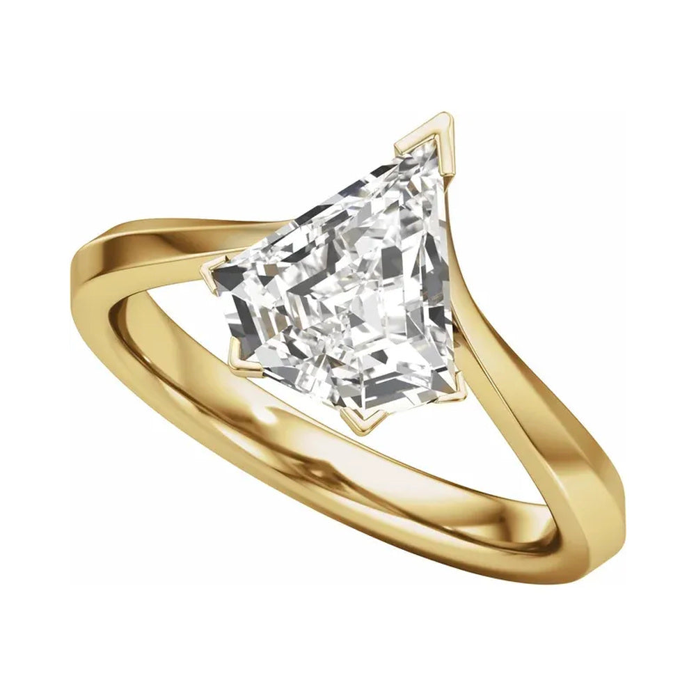 Stuller 14K yellow gold shield-cut lab-grown diamond engagement ring, three quarter view, centered studio photography