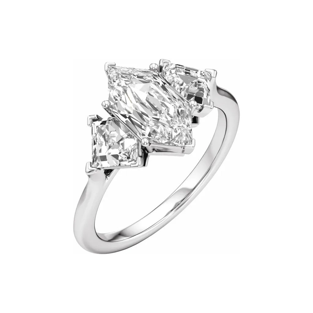 Official Stuller photograph: 14K white gold 3 1/2 CTW elongated hexagon three-stone lab-grown diamond engagement ring, angle view