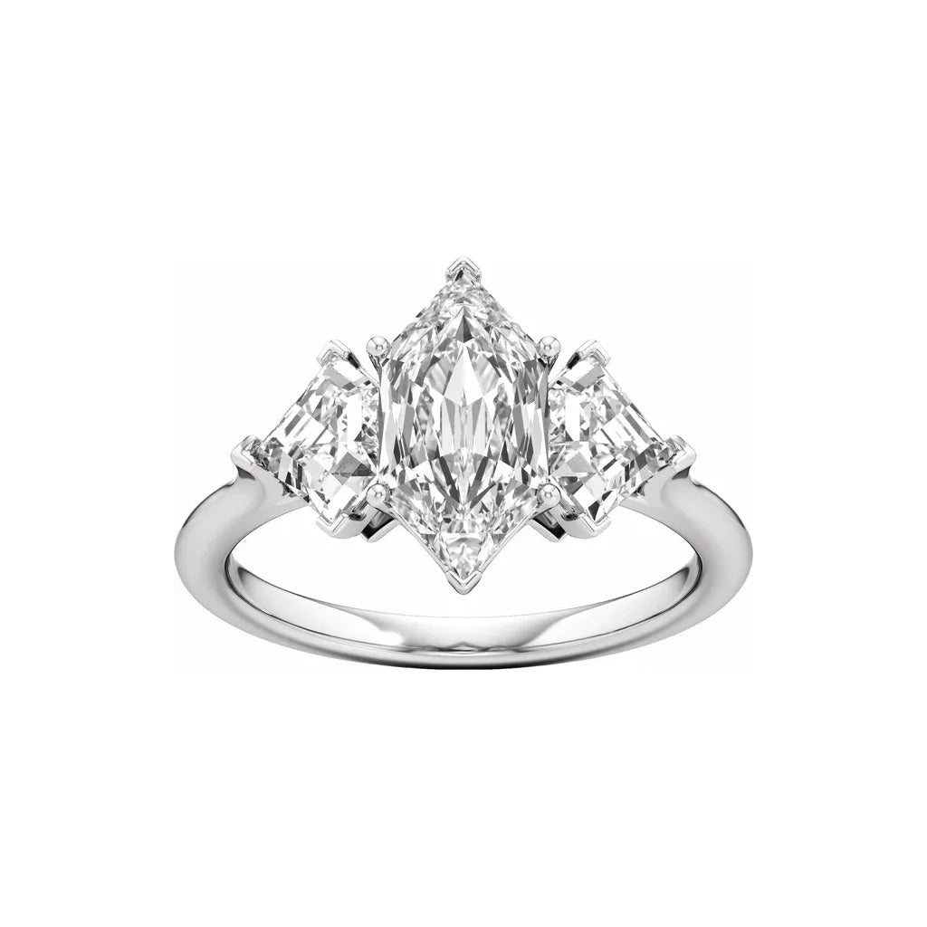 Official Stuller photograph: 14K white gold 3 1/2 CTW elongated hexagon three-stone lab-grown diamond engagement ring, front view