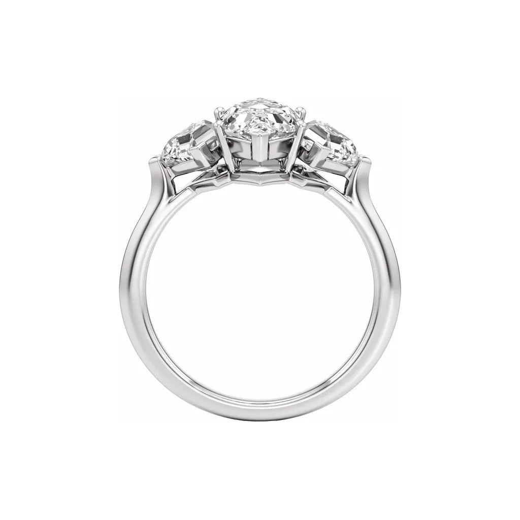Official Stuller photograph: 14K white gold 3 1/2 CTW elongated hexagon three-stone lab-grown diamond engagement ring, gallery view