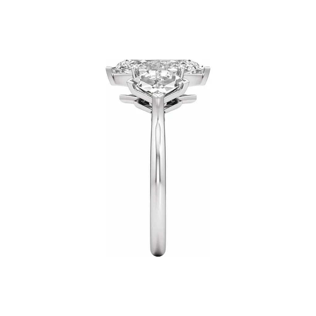 Official Stuller photograph: 14K white gold 3 1/2 CTW elongated hexagon three-stone lab-grown diamond engagement ring, profile view