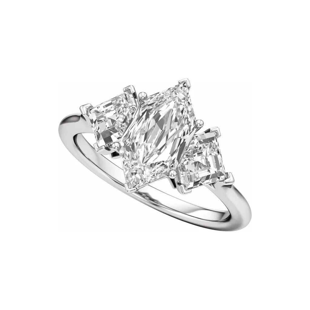 Official Stuller photograph: 14K white gold 3 1/2 CTW elongated hexagon three-stone lab-grown diamond engagement ring, three quarter view