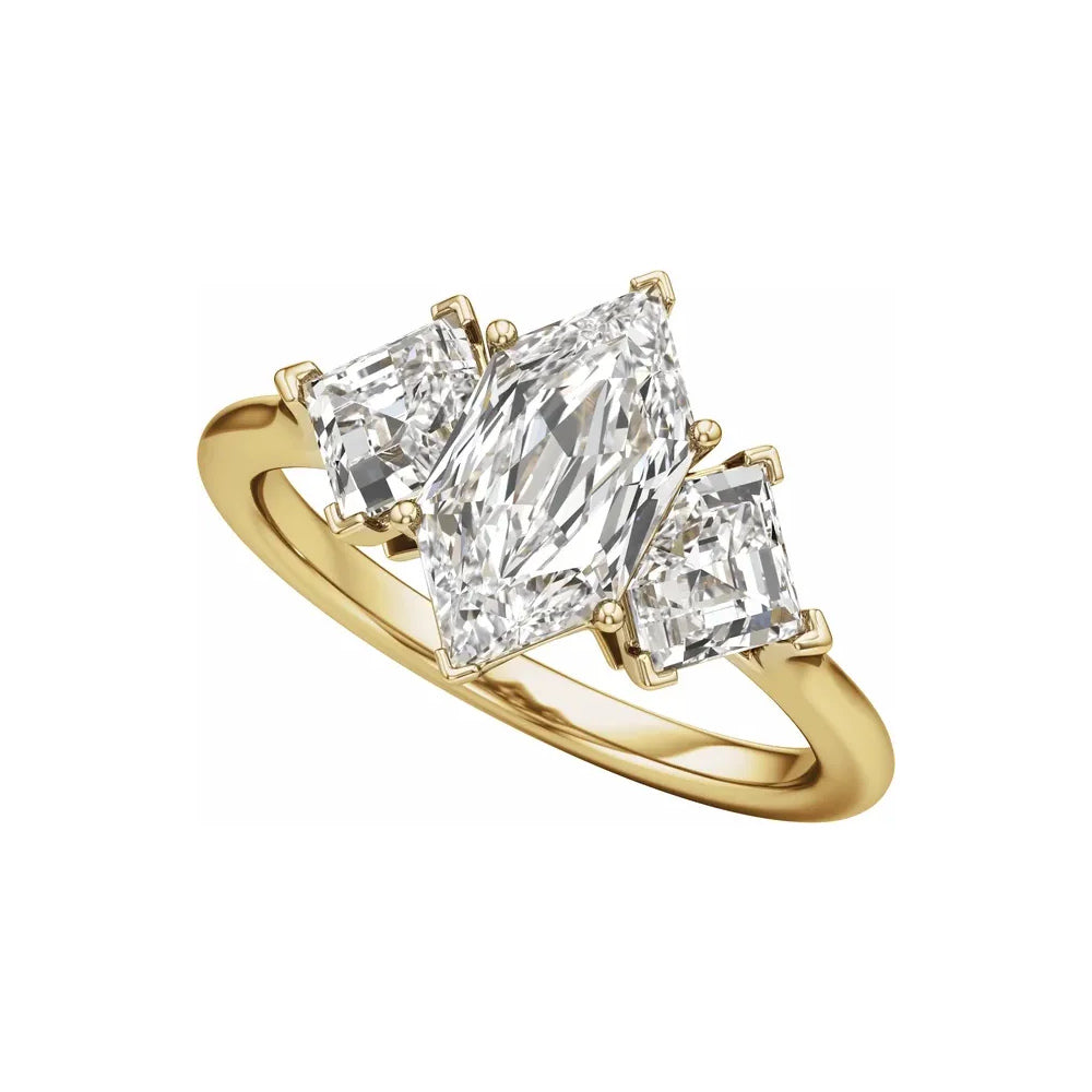 14K yellow gold three-stone engagement ring, angled view