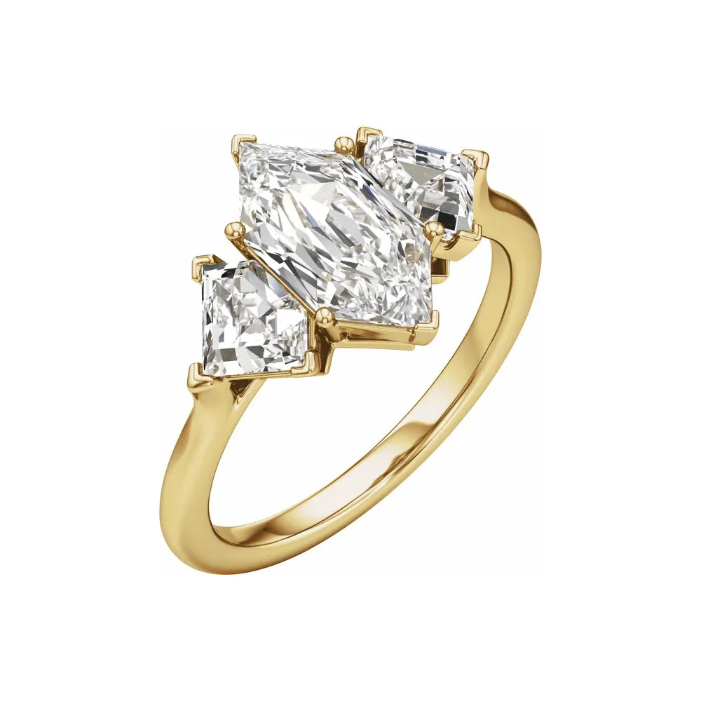 14K yellow gold three-stone engagement ring, three-quarter view