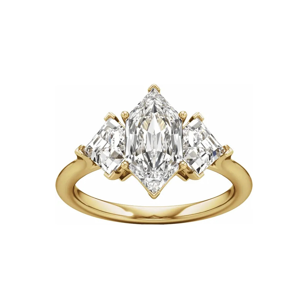 14K yellow gold three-stone engagement ring, front view