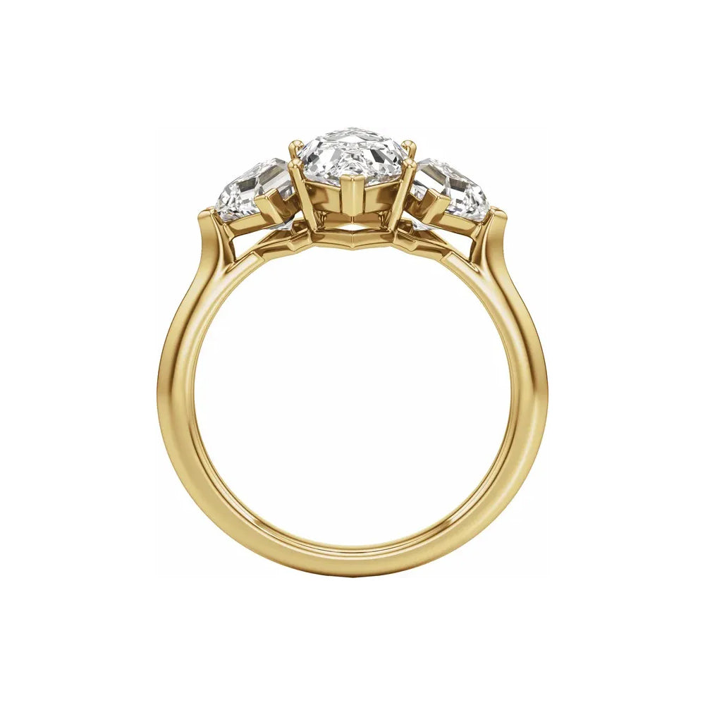 14K yellow gold three-stone engagement ring, side gallery view