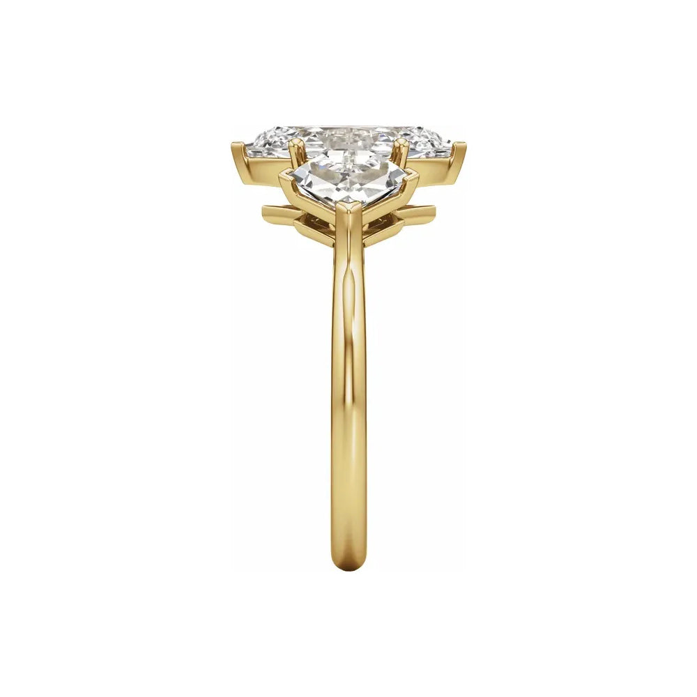 14K yellow gold three-stone engagement ring, profile view