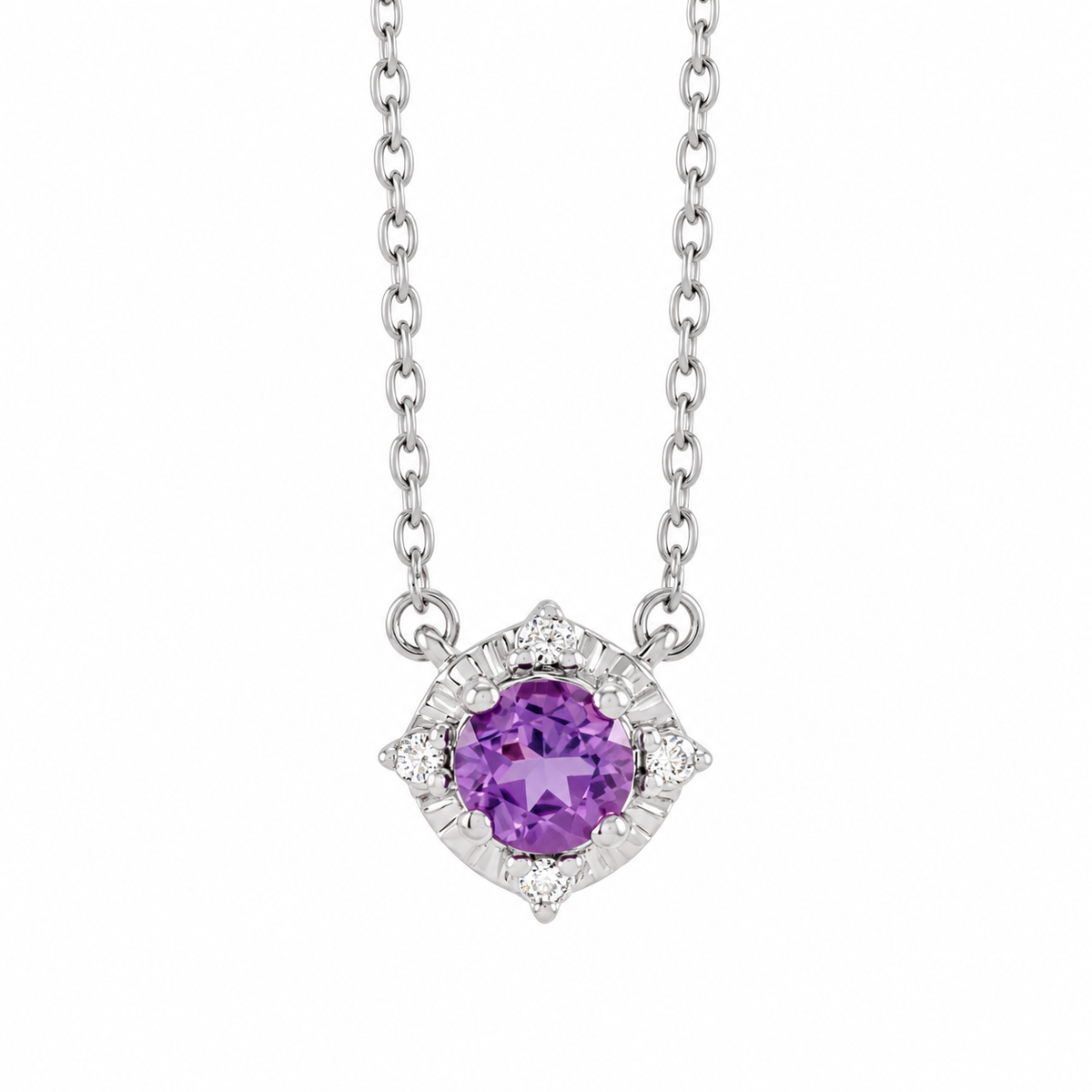 Natural amethyst halo necklace in 14K white gold