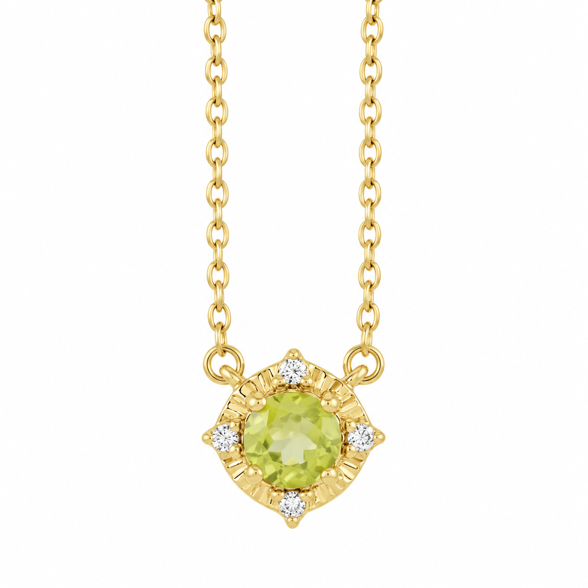 Natural peridot halo necklace in 14K yellow gold
