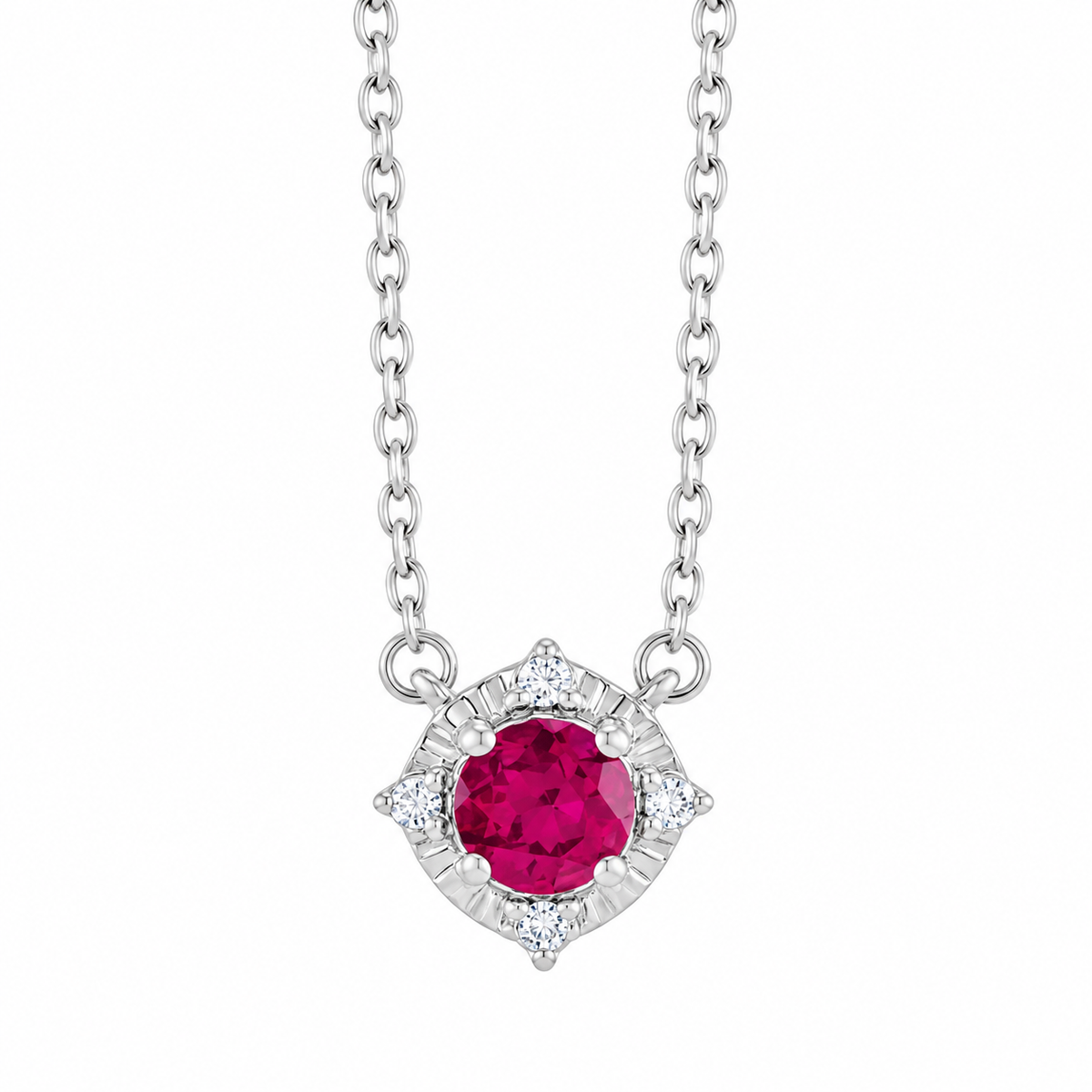 Lab-grown ruby halo necklace in 14K white gold