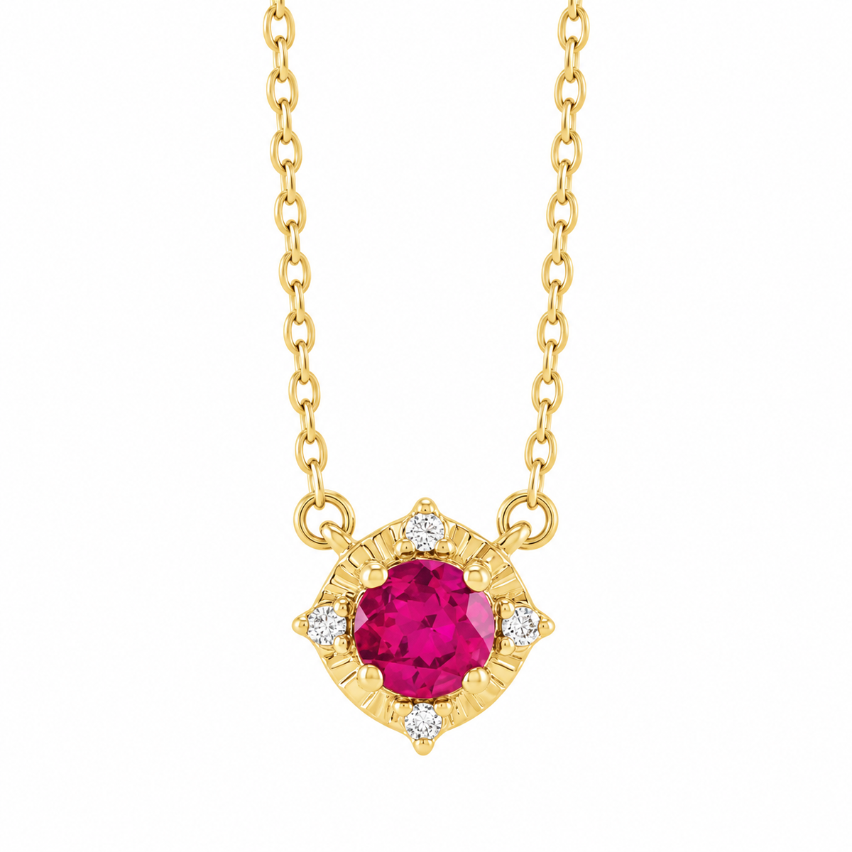 Lab-grown ruby halo necklace in 14K yellow gold