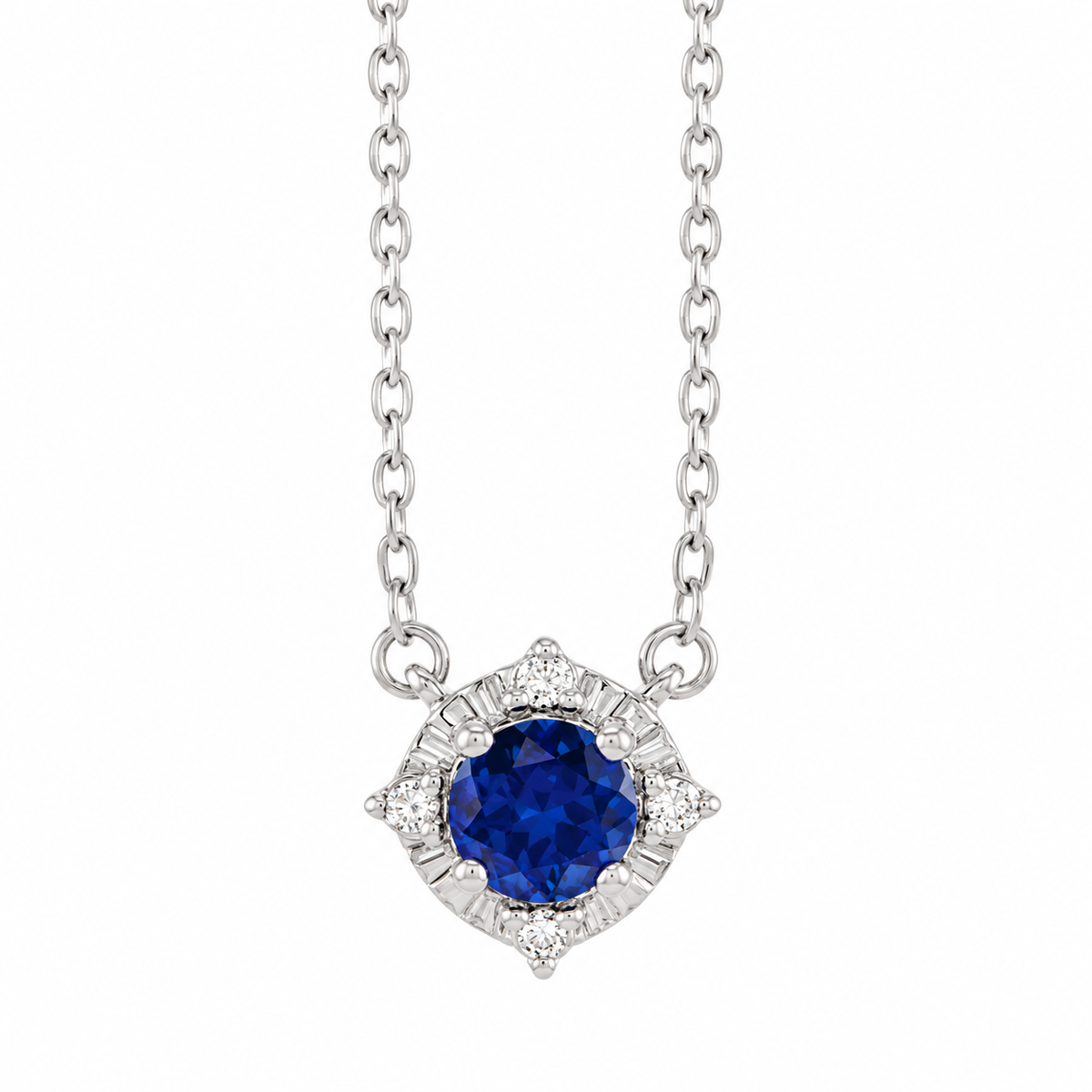 Lab-grown blue sapphire halo necklace in 14K white gold